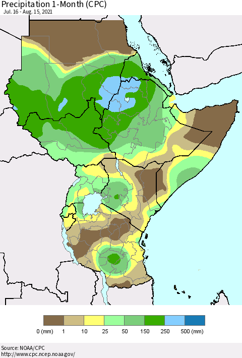 Eastern Africa Precipitation 1-Month (CPC) Thematic Map For 7/16/2021 - 8/15/2021