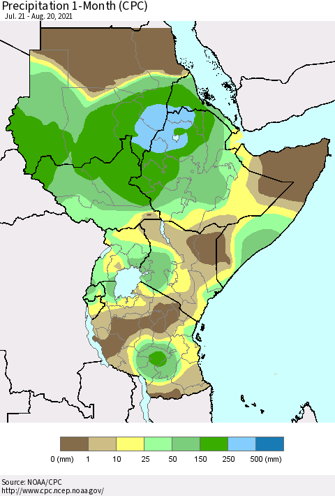 Eastern Africa Precipitation 1-Month (CPC) Thematic Map For 7/21/2021 - 8/20/2021