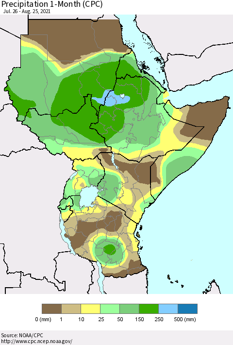 Eastern Africa Precipitation 1-Month (CPC) Thematic Map For 7/26/2021 - 8/25/2021