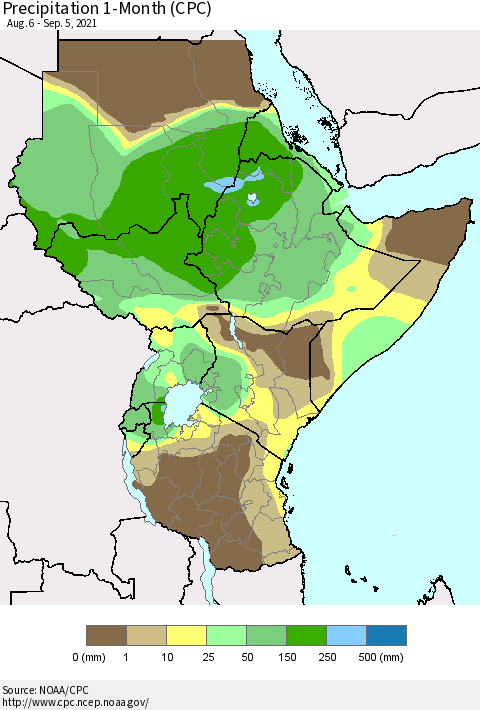 Eastern Africa Precipitation 1-Month (CPC) Thematic Map For 8/6/2021 - 9/5/2021