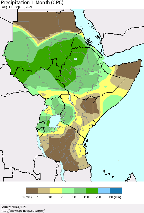Eastern Africa Precipitation 1-Month (CPC) Thematic Map For 8/11/2021 - 9/10/2021