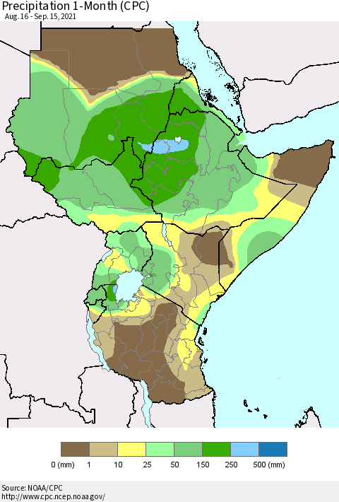 Eastern Africa Precipitation 1-Month (CPC) Thematic Map For 8/16/2021 - 9/15/2021