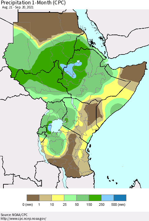 Eastern Africa Precipitation 1-Month (CPC) Thematic Map For 8/21/2021 - 9/20/2021
