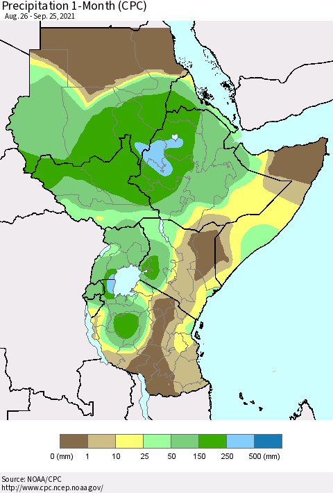 Eastern Africa Precipitation 1-Month (CPC) Thematic Map For 8/26/2021 - 9/25/2021