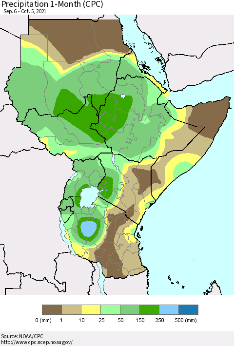 Eastern Africa Precipitation 1-Month (CPC) Thematic Map For 9/6/2021 - 10/5/2021