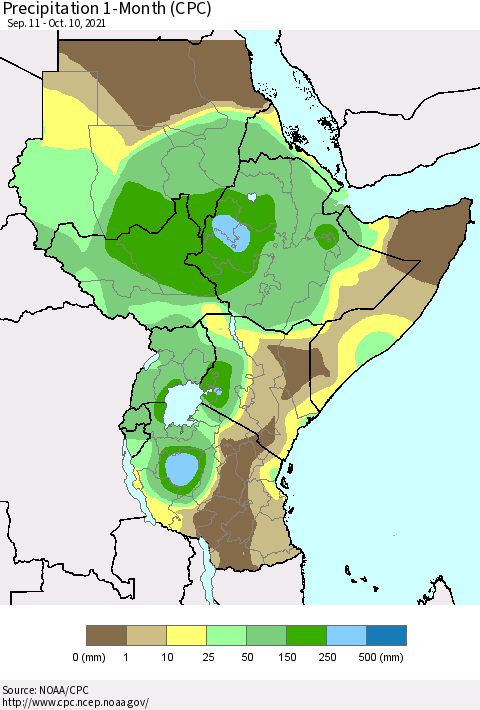 Eastern Africa Precipitation 1-Month (CPC) Thematic Map For 9/11/2021 - 10/10/2021
