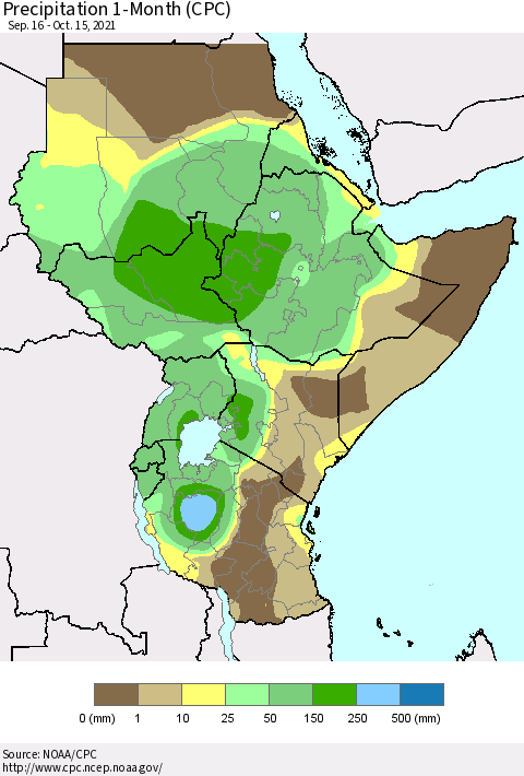 Eastern Africa Precipitation 1-Month (CPC) Thematic Map For 9/16/2021 - 10/15/2021