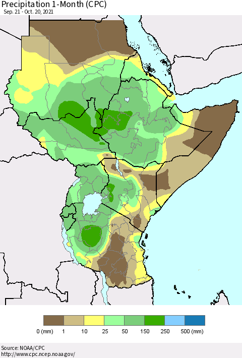 Eastern Africa Precipitation 1-Month (CPC) Thematic Map For 9/21/2021 - 10/20/2021