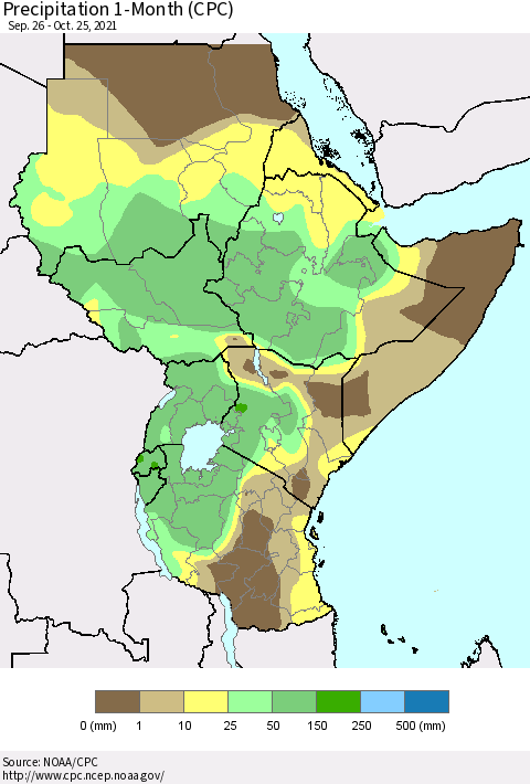 Eastern Africa Precipitation 1-Month (CPC) Thematic Map For 9/26/2021 - 10/25/2021