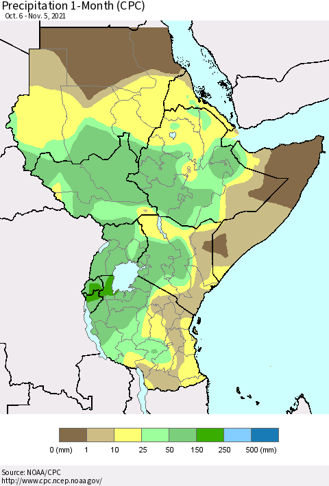 Eastern Africa Precipitation 1-Month (CPC) Thematic Map For 10/6/2021 - 11/5/2021