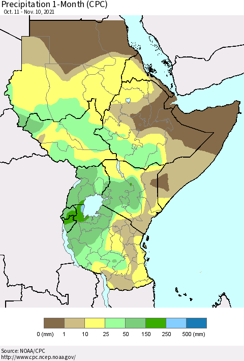 Eastern Africa Precipitation 1-Month (CPC) Thematic Map For 10/11/2021 - 11/10/2021