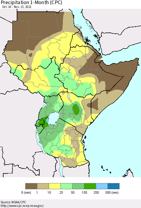 Eastern Africa Precipitation 1-Month (CPC) Thematic Map For 10/16/2021 - 11/15/2021