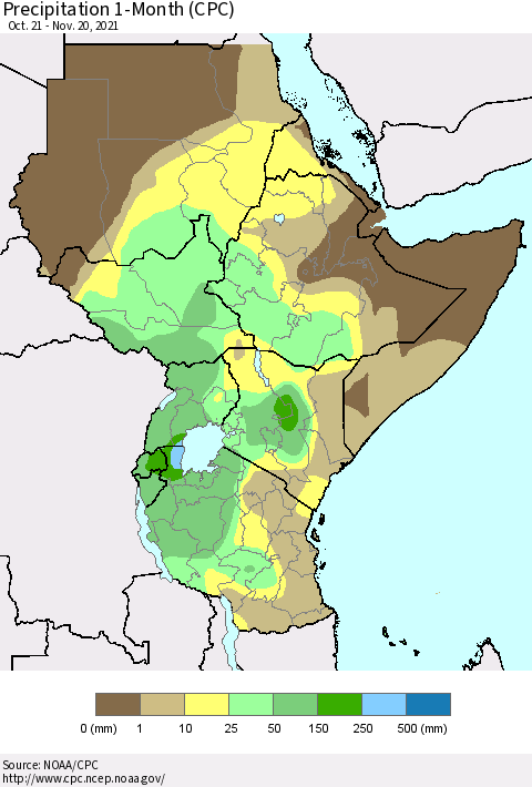 Eastern Africa Precipitation 1-Month (CPC) Thematic Map For 10/21/2021 - 11/20/2021