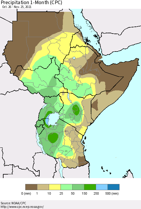 Eastern Africa Precipitation 1-Month (CPC) Thematic Map For 10/26/2021 - 11/25/2021