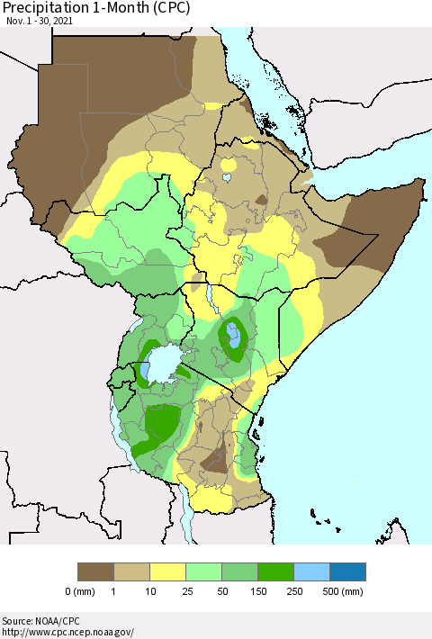 Eastern Africa Precipitation 1-Month (CPC) Thematic Map For 11/1/2021 - 11/30/2021