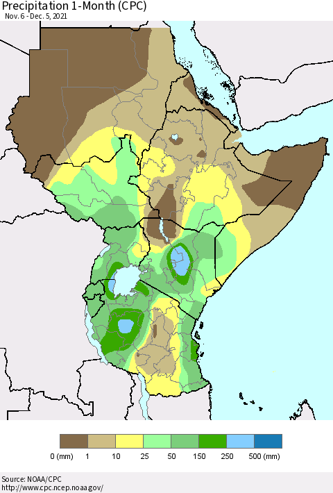Eastern Africa Precipitation 1-Month (CPC) Thematic Map For 11/6/2021 - 12/5/2021
