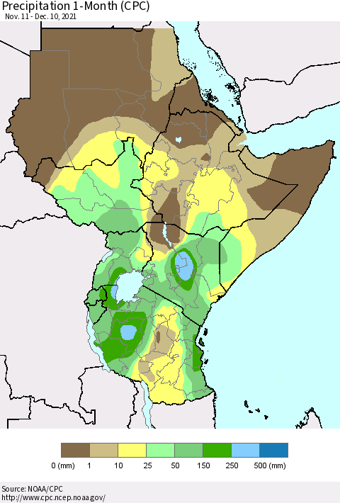 Eastern Africa Precipitation 1-Month (CPC) Thematic Map For 11/11/2021 - 12/10/2021