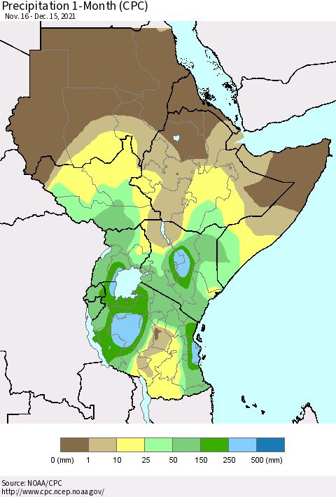 Eastern Africa Precipitation 1-Month (CPC) Thematic Map For 11/16/2021 - 12/15/2021