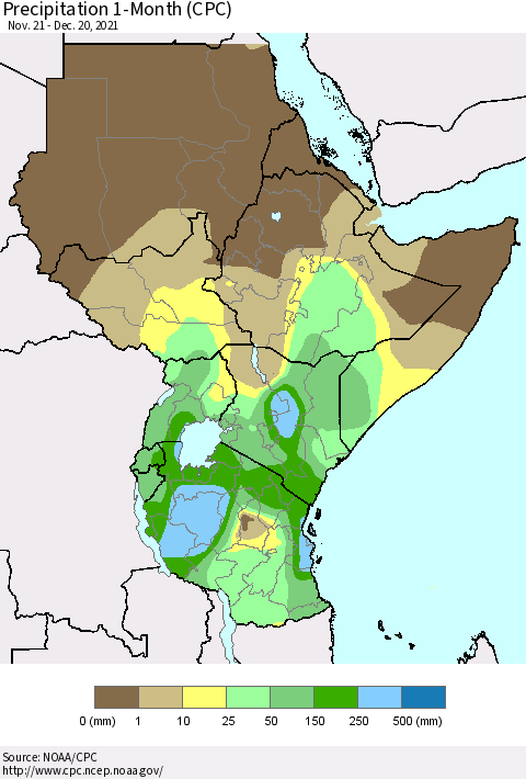 Eastern Africa Precipitation 1-Month (CPC) Thematic Map For 11/21/2021 - 12/20/2021