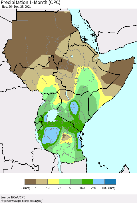 Eastern Africa Precipitation 1-Month (CPC) Thematic Map For 11/26/2021 - 12/25/2021
