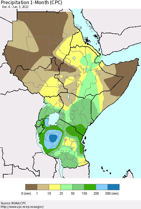 Eastern Africa Precipitation 1-Month (CPC) Thematic Map For 12/6/2021 - 1/5/2022