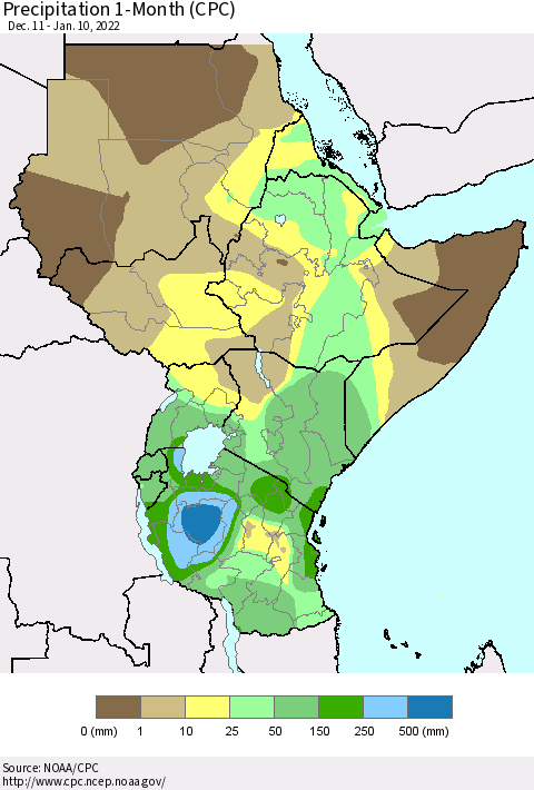Eastern Africa Precipitation 1-Month (CPC) Thematic Map For 12/11/2021 - 1/10/2022