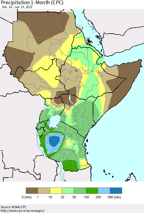 Eastern Africa Precipitation 1-Month (CPC) Thematic Map For 12/16/2021 - 1/15/2022