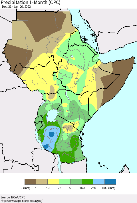 Eastern Africa Precipitation 1-Month (CPC) Thematic Map For 12/21/2021 - 1/20/2022