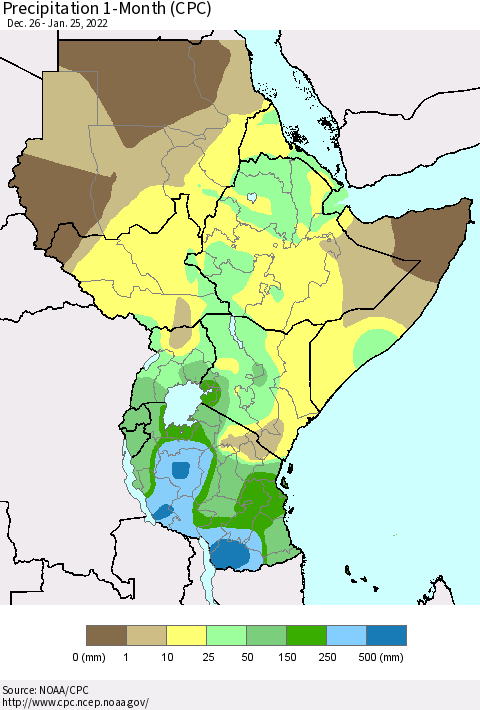 Eastern Africa Precipitation 1-Month (CPC) Thematic Map For 12/26/2021 - 1/25/2022