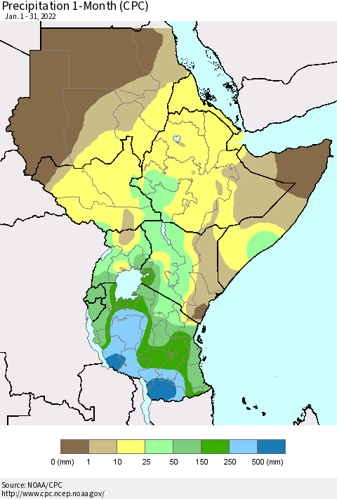 Eastern Africa Precipitation 1-Month (CPC) Thematic Map For 1/1/2022 - 1/31/2022
