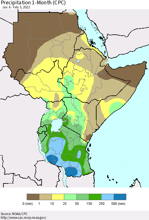 Eastern Africa Precipitation 1-Month (CPC) Thematic Map For 1/6/2022 - 2/5/2022