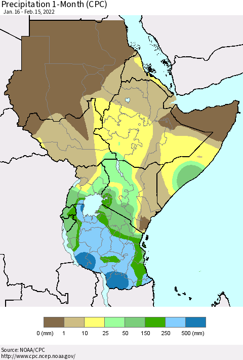 Eastern Africa Precipitation 1-Month (CPC) Thematic Map For 1/16/2022 - 2/15/2022