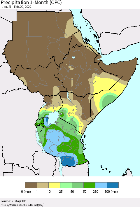 Eastern Africa Precipitation 1-Month (CPC) Thematic Map For 1/21/2022 - 2/20/2022