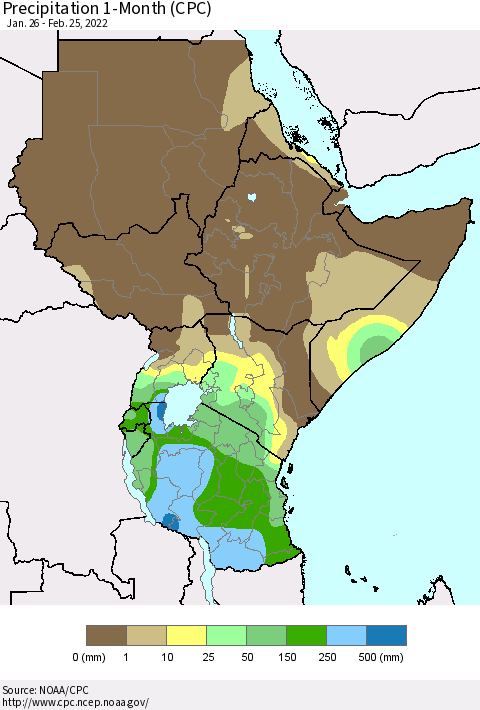 Eastern Africa Precipitation 1-Month (CPC) Thematic Map For 1/26/2022 - 2/25/2022