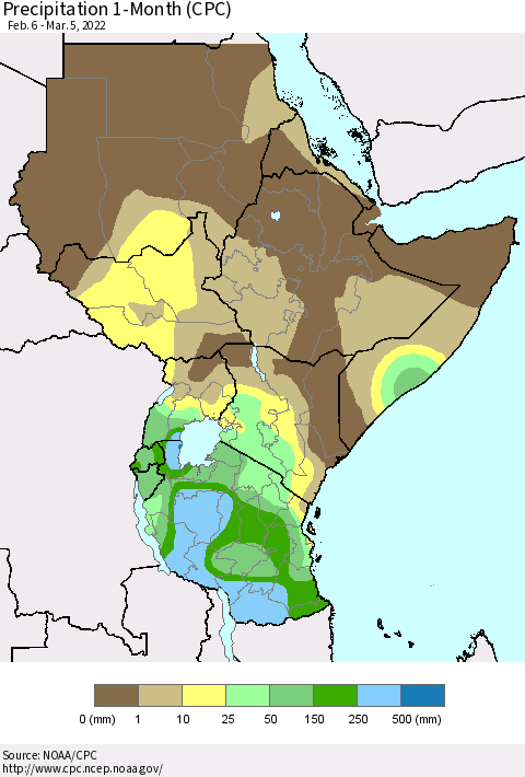 Eastern Africa Precipitation 1-Month (CPC) Thematic Map For 2/6/2022 - 3/5/2022