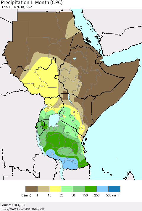 Eastern Africa Precipitation 1-Month (CPC) Thematic Map For 2/11/2022 - 3/10/2022