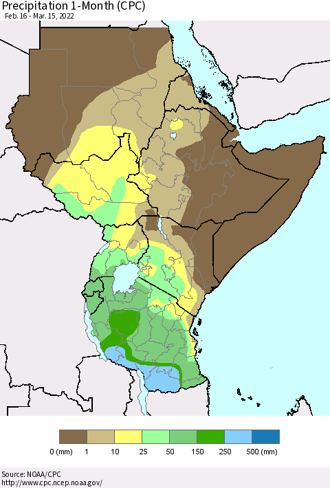 Eastern Africa Precipitation 1-Month (CPC) Thematic Map For 2/16/2022 - 3/15/2022