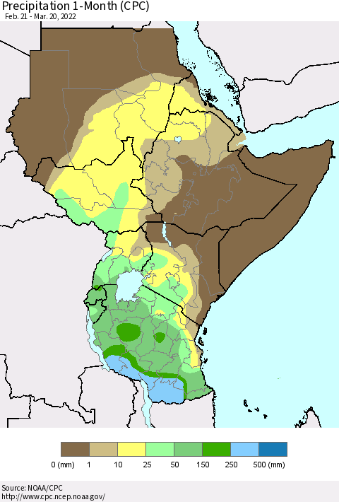 Eastern Africa Precipitation 1-Month (CPC) Thematic Map For 2/21/2022 - 3/20/2022