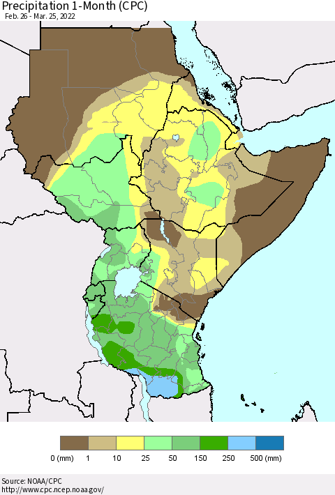 Eastern Africa Precipitation 1-Month (CPC) Thematic Map For 2/26/2022 - 3/25/2022