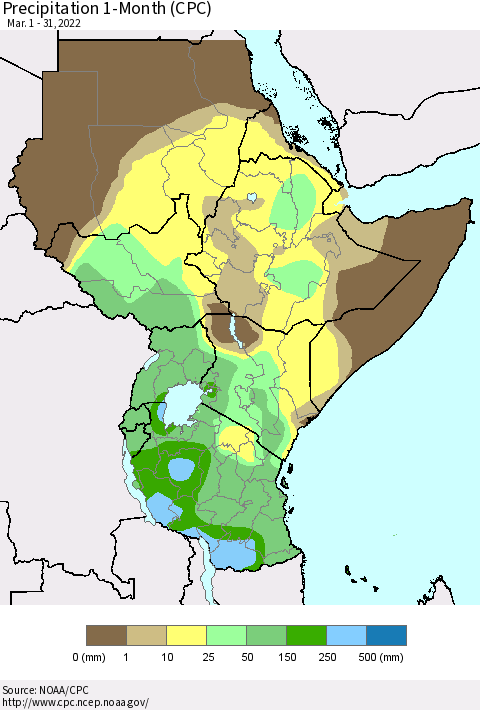 Eastern Africa Precipitation 1-Month (CPC) Thematic Map For 3/1/2022 - 3/31/2022