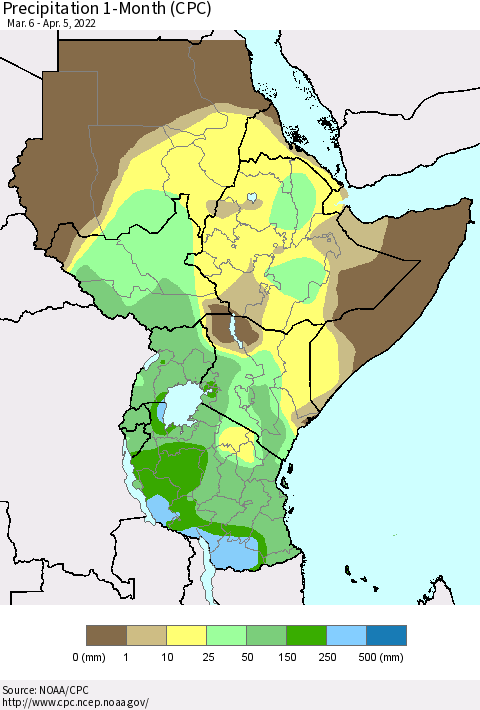 Eastern Africa Precipitation 1-Month (CPC) Thematic Map For 3/6/2022 - 4/5/2022