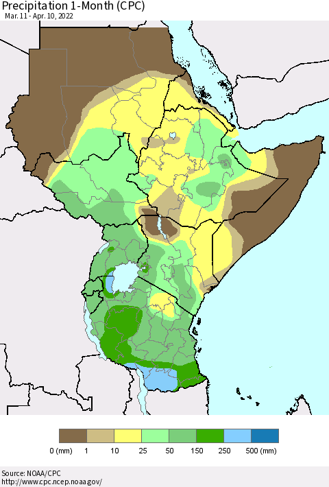 Eastern Africa Precipitation 1-Month (CPC) Thematic Map For 3/11/2022 - 4/10/2022