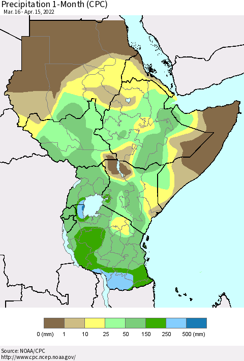 Eastern Africa Precipitation 1-Month (CPC) Thematic Map For 3/16/2022 - 4/15/2022