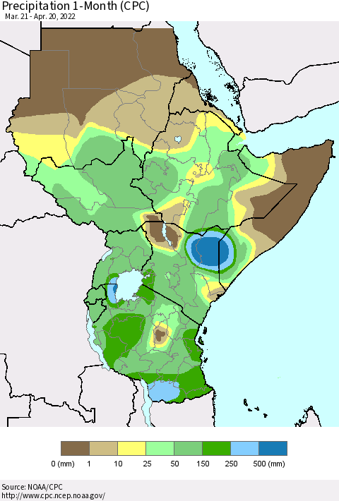 Eastern Africa Precipitation 1-Month (CPC) Thematic Map For 3/21/2022 - 4/20/2022