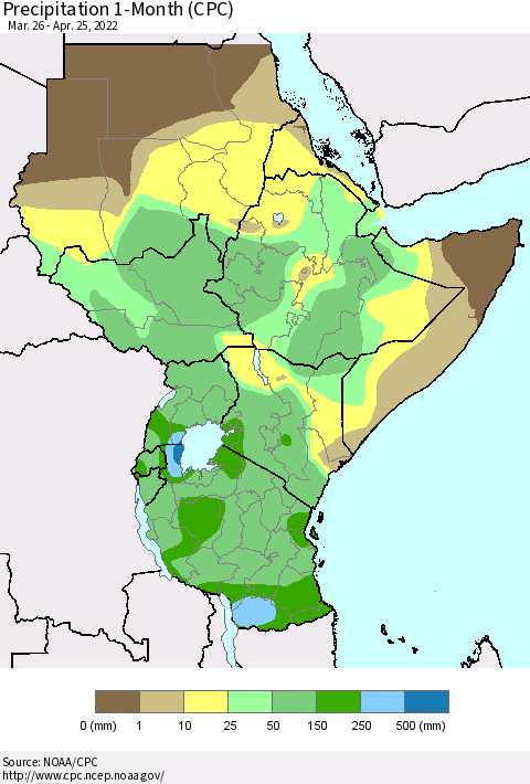 Eastern Africa Precipitation 1-Month (CPC) Thematic Map For 3/26/2022 - 4/25/2022