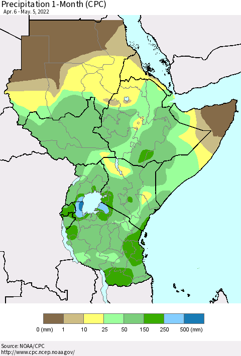 Eastern Africa Precipitation 1-Month (CPC) Thematic Map For 4/6/2022 - 5/5/2022
