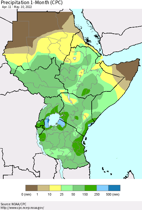 Eastern Africa Precipitation 1-Month (CPC) Thematic Map For 4/11/2022 - 5/10/2022
