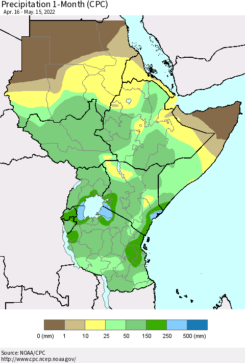 Eastern Africa Precipitation 1-Month (CPC) Thematic Map For 4/16/2022 - 5/15/2022