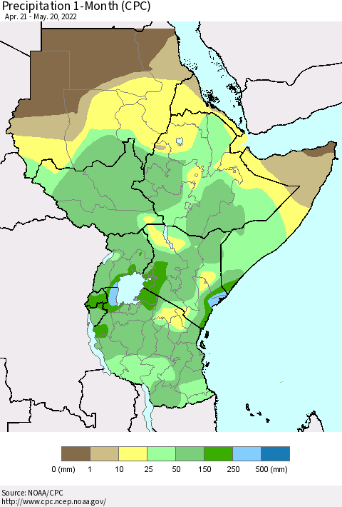 Eastern Africa Precipitation 1-Month (CPC) Thematic Map For 4/21/2022 - 5/20/2022