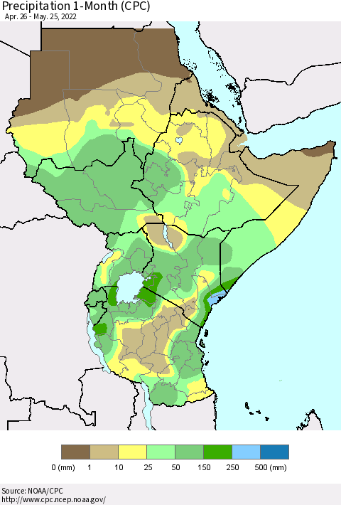 Eastern Africa Precipitation 1-Month (CPC) Thematic Map For 4/26/2022 - 5/25/2022